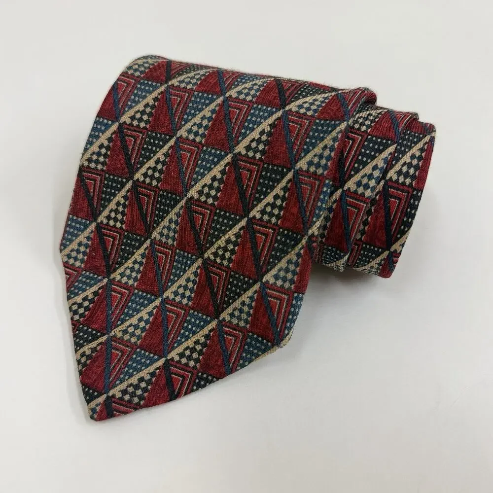 Ermenegildo Zegna Mens Silk Tie Geometric Triangle Burgundy Blue Tan Italy
